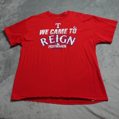 Texas Rangers We Came To Reign Majestic Shirt Men's XL Red Grunge Short Sleeve!