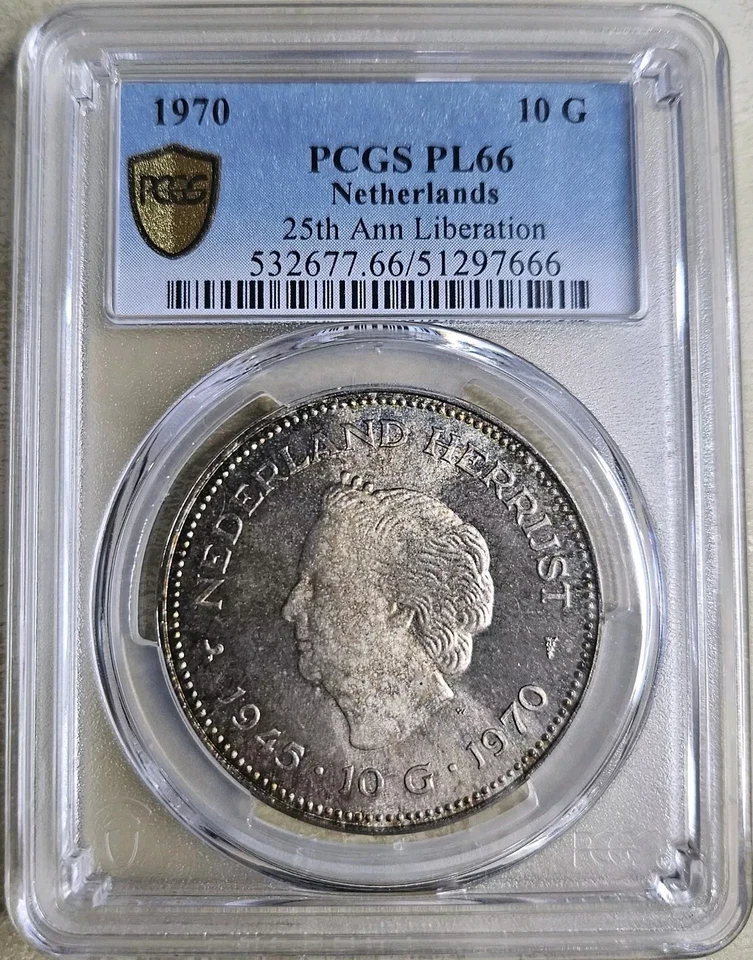 1970 Netherlands Liberation Silver 10 Gulden PCGS PL66 Toned Gem Uncirculated - Image 2 of 4