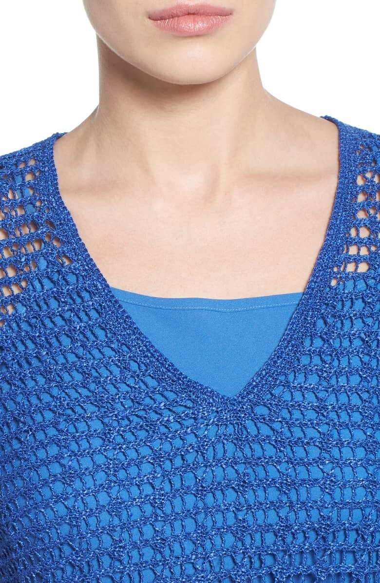 Nic+Zoe 241354 Womens V-Neck Crochet Pullover Sweater Poolside