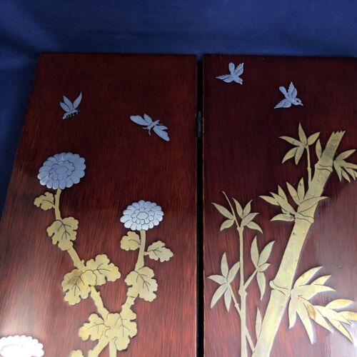 Japanische Tischplatte Klappschirm Metall Intarsien Vogel Blume 4 Platten 16,5 in Vintage - Bild 23 von 24