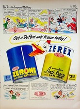 1949 Du Pont Zerex Anti-Freeze Vintage Print Ad 1940s Duck Mr. Bang Comic Strip