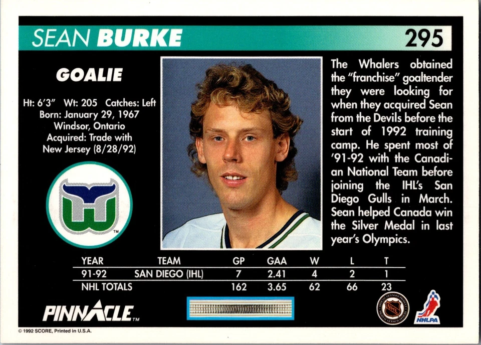 1992-93 Pinnacle - #295 Sean Burke - Image 2 of 2