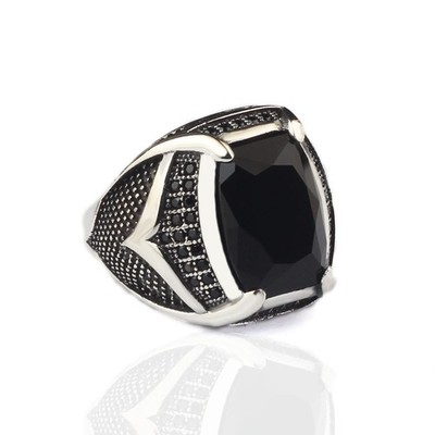 BayVog 925 Sterling Silver Mens Ring with Black Zircon Gemstone, Handmade Men