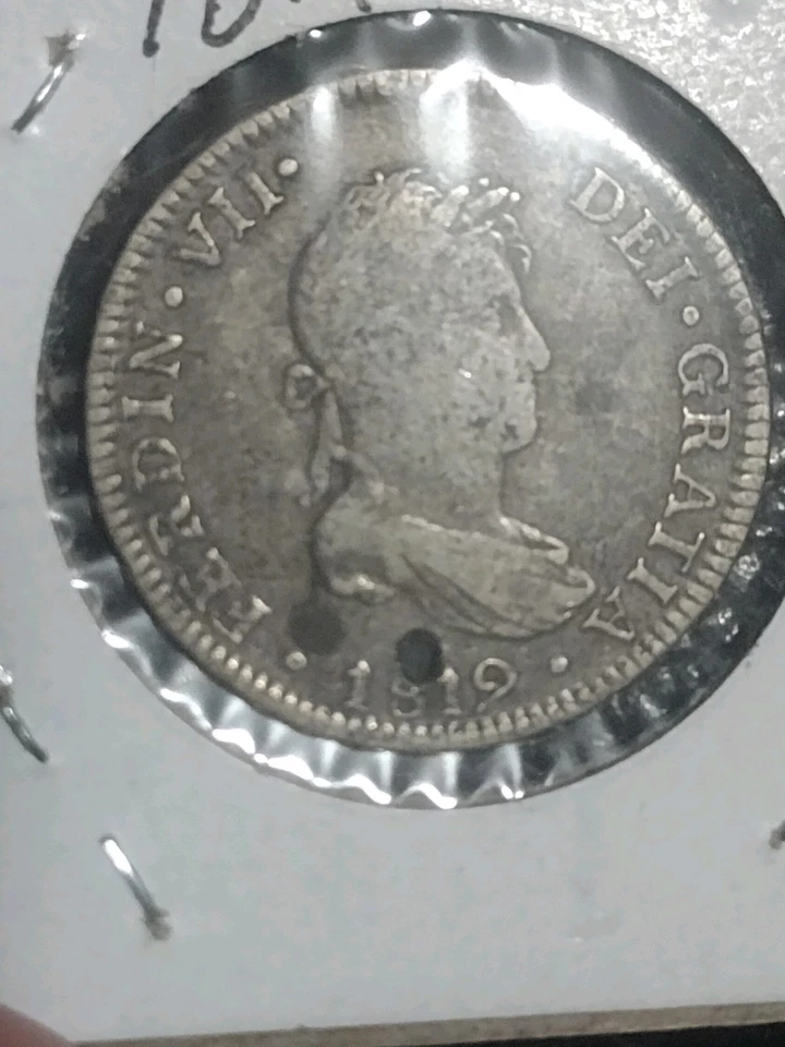 1819 PERU SILVER 2 REALES 2R FERDINAND VII SCARCE COIN! (Holed) NICE details! - Image 2 of 4