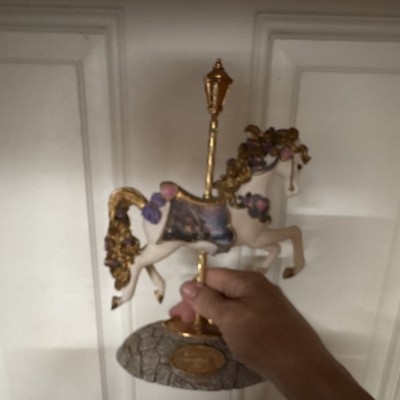 Ceramic Carousel Horse Figurine w/ Lamp Post Base White Gold Purple