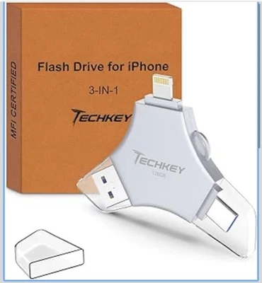 Techkey MFi Certified USB 3.0 Flash Drive 128GB iPhone 3in1 External Memory -NEW