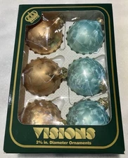Visions By Holly Ornaments Glass Set Of 6 Blue & Brown Vintage Christmas