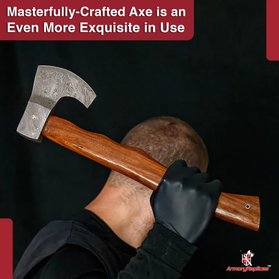 Hacha barbuda de acero Damasco lista para batalla, hacha guerrera vikinga, mango de madera y funda Foto 3 de 4