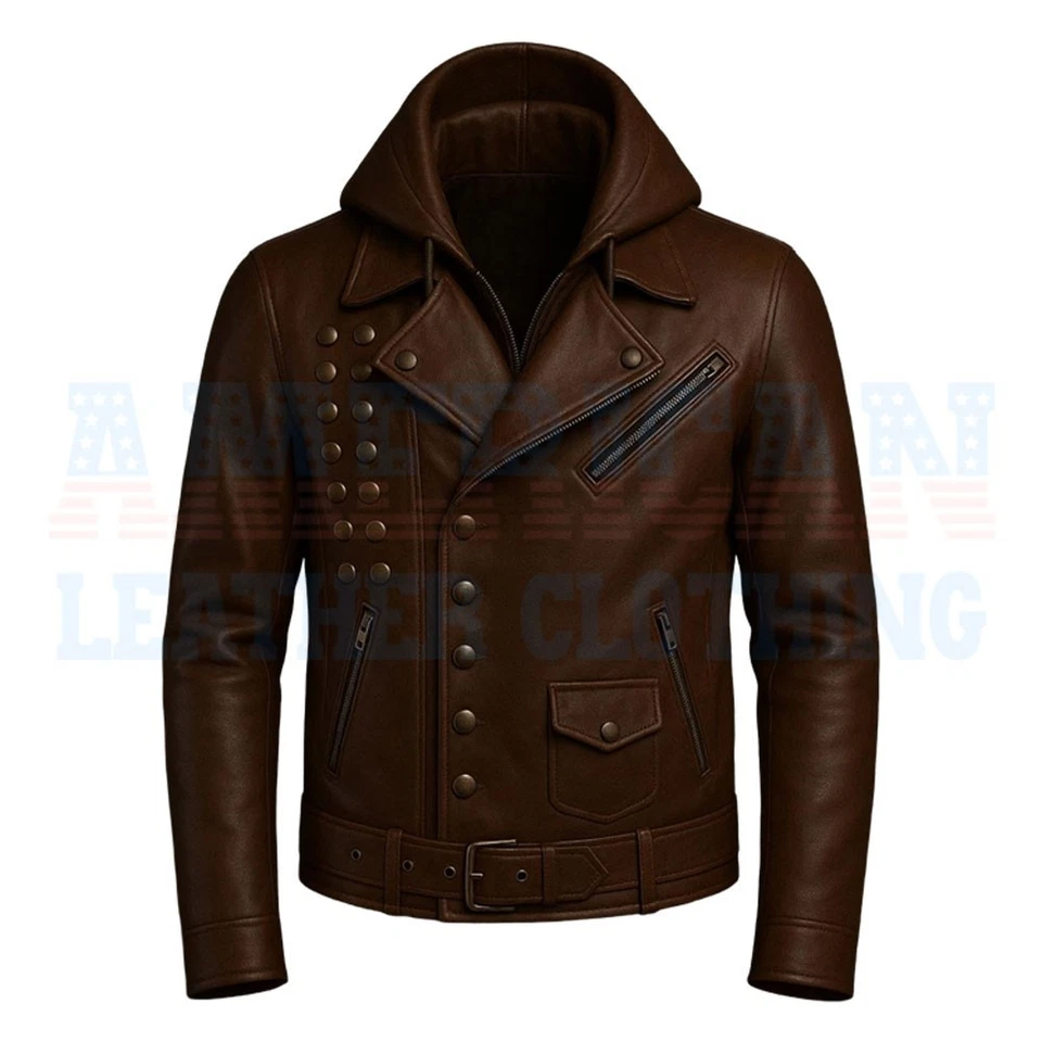 Men’s Brown Biker Leather Jacket Classic Vintage Motorcycle Coat Genuine Leather - Image 2 of 3