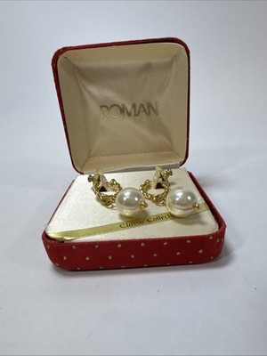 Roman Brand Gold Tone Faux Pearl Post Earrings With Package