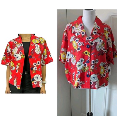 Modcloth Shirt Jacket Size 3X NWT Floral Candy Apple Red Retro 70s 100% Cotton