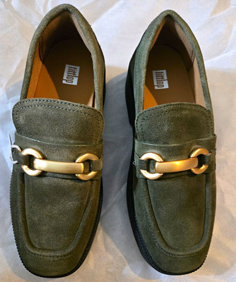 FitFlop Women s Deep Olive Suede Chain Loafer Flats Comfort Slip-On US 7