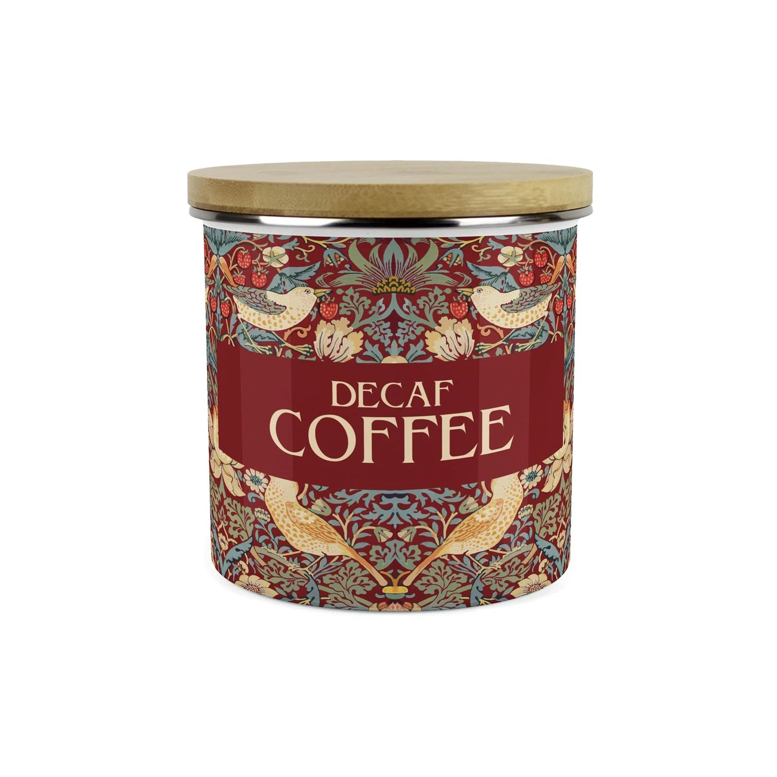 Red Strawberry Thief Decaf Coffee Storage Canister - Enamel & Bamboo Container
