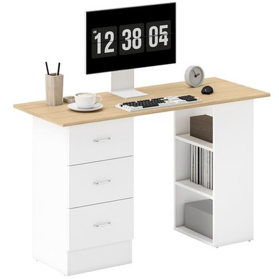 HOMCOM 120cm Computertisch, Arbeitszimmertisch mit 3 Ablagen & Schubladen, natur