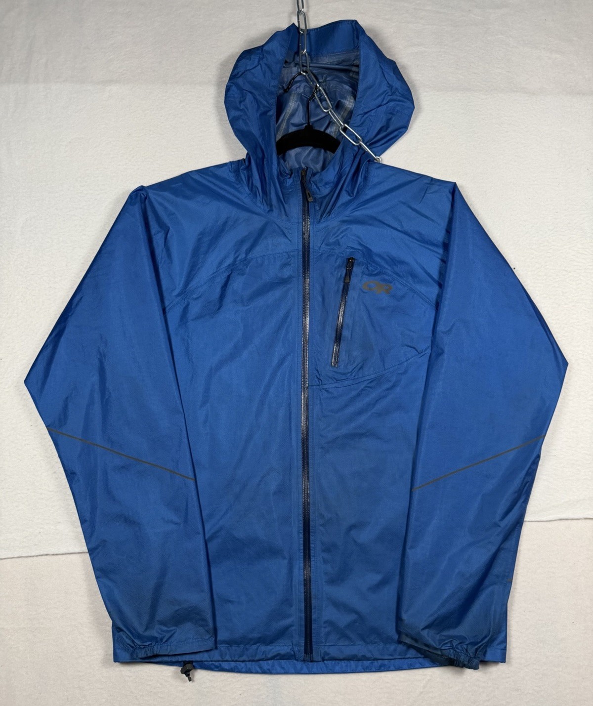 Outdoor Research Mens Helium Rain Jacket M Blue Diamond Fuse Hooded Windbreaker