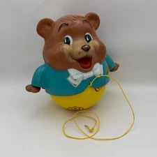 Vintage 1969 Fisher-Price #164 Roly Poly Chubby Cub Bear Pull Toy Rolling Chime