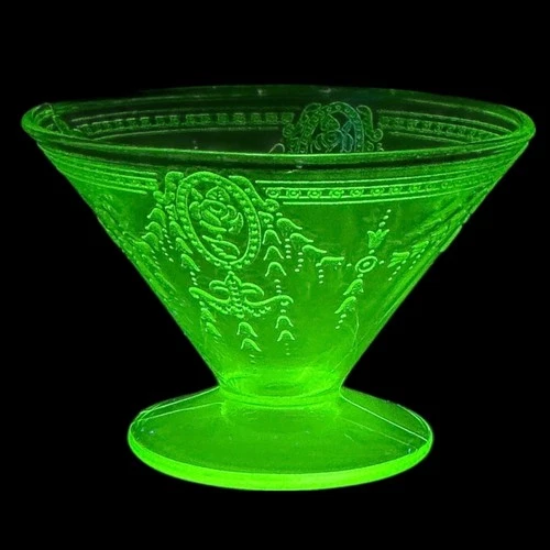 Belmont Rose Cameo Vaseline Uranium Glass Sherbet Dish Green Depression Era Glow