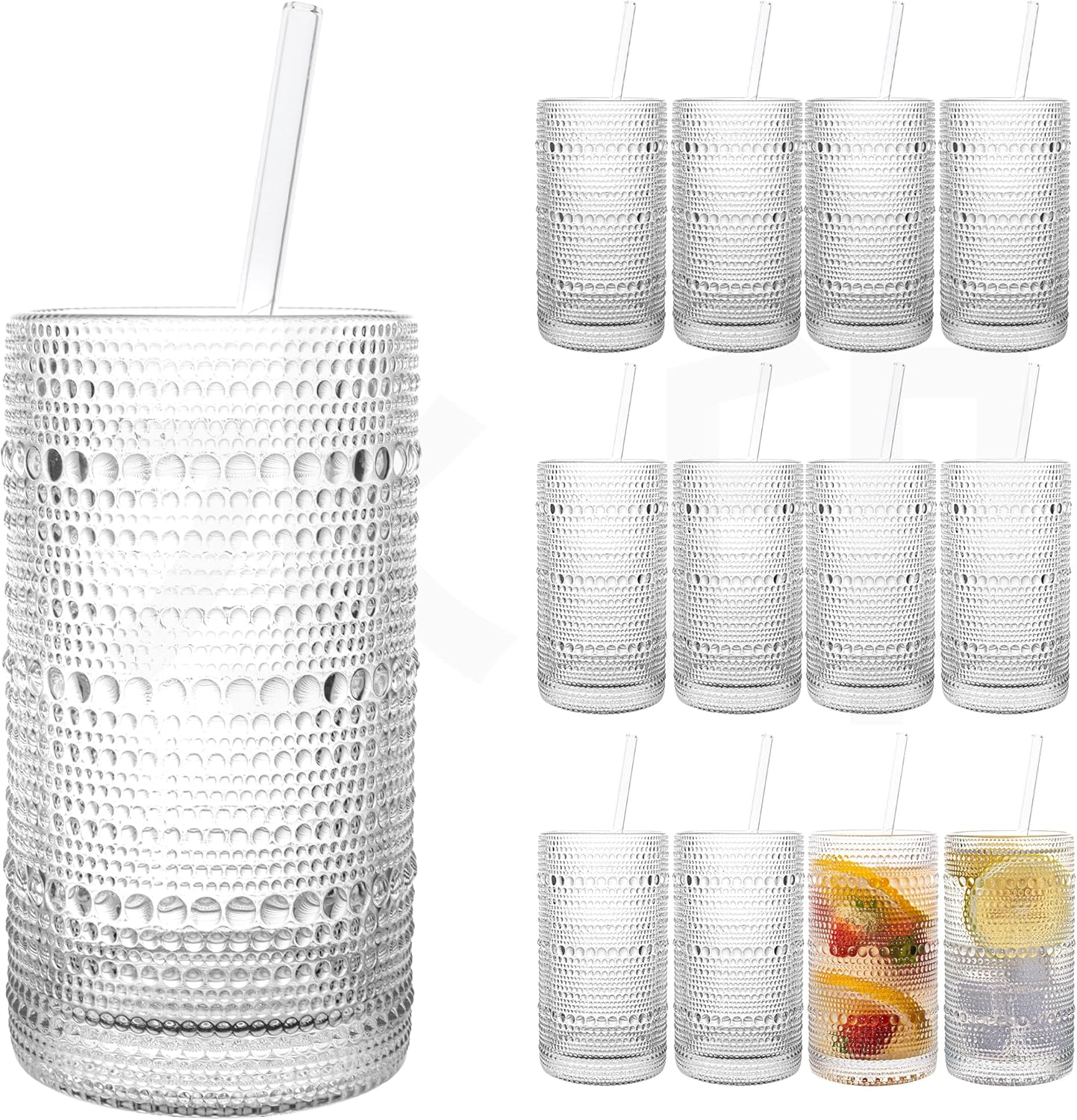 Upgraded Large Capacity 16 Oz/480 Ml Hobnail Glasses Drinking Set of 12 - Heavy