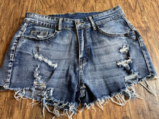 SHEIN Women's Blue Denim Cut Off Shorts Size M Fringe Hem Pockets