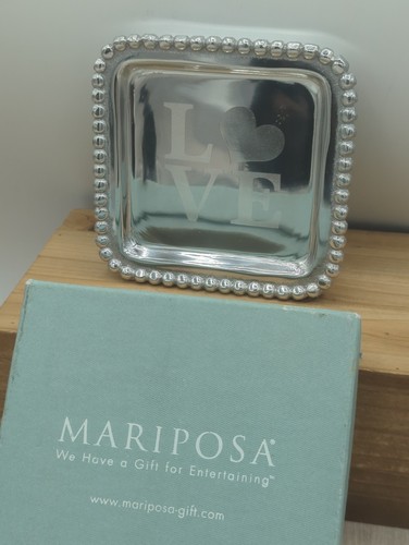Mariposa "Love" Beaded Trinket Tray 4" X 4" Aluminum Mexico