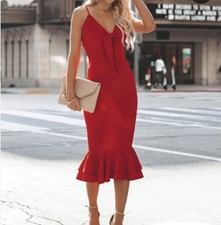 Red Bodycon Midi Dress Size Medium Tie Front Ruffle Hem Spaghetti Strap
