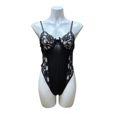 Victoria's Secret Vintage Cotton Lace Underwire Bodysuit Teddy Lingerie Black Lg