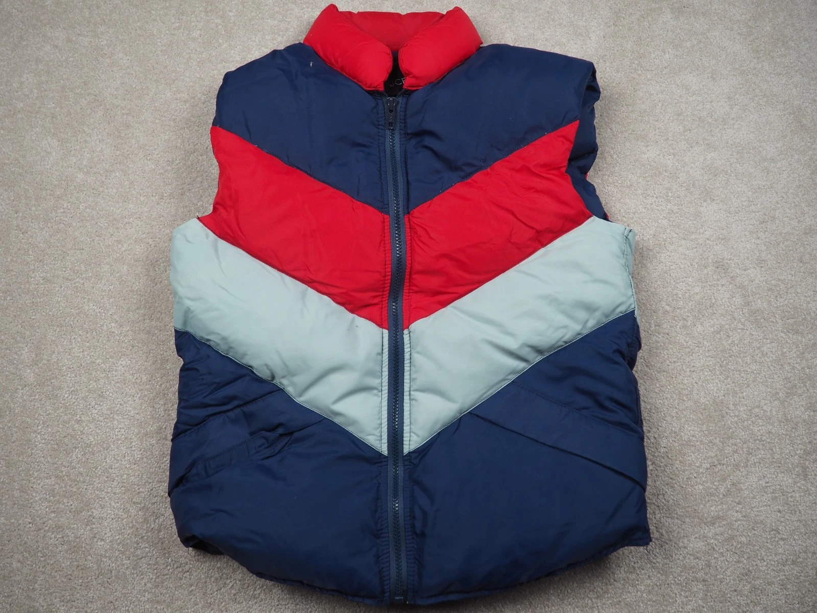 Vintage JCPenney Prime Goose Down Puffer Vest Medium Chevron Red Navy Aqua