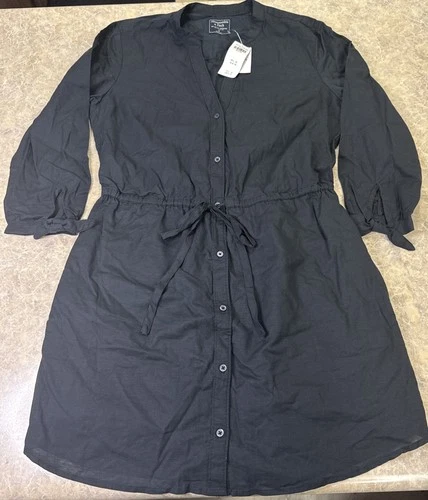 Abercrombie Fitch Tie-front Black Shirt Dress Sz M Y2K Pockets Cotton Linen