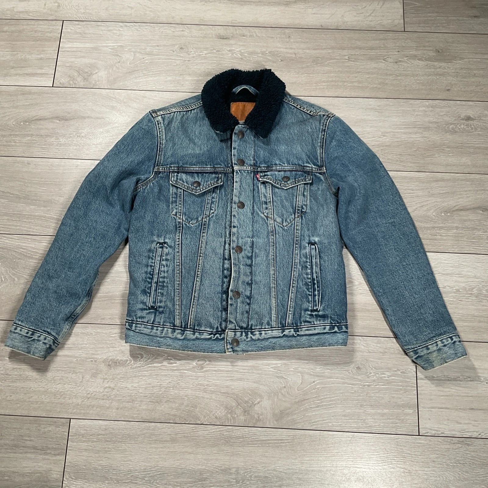 Levis Mens Blue Denim Trucker Jacket Sherpa 16365-0067 Size S Small VGC