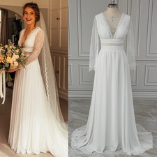 A Line Pleated Chiffon Lace Wedding Dress V Neck Beach Boho Bridal Gowns