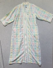 Vtg Leisure Life Maxi Robe M Seersucker Pockets Rainbow Pastel Plaid w/Trim