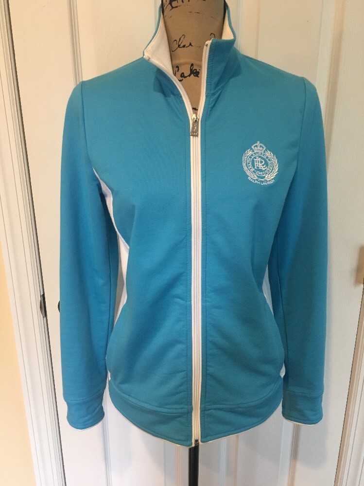 Lauren Ralph Lauren Active Zip Front Jacket Top Shirt Crest Blue