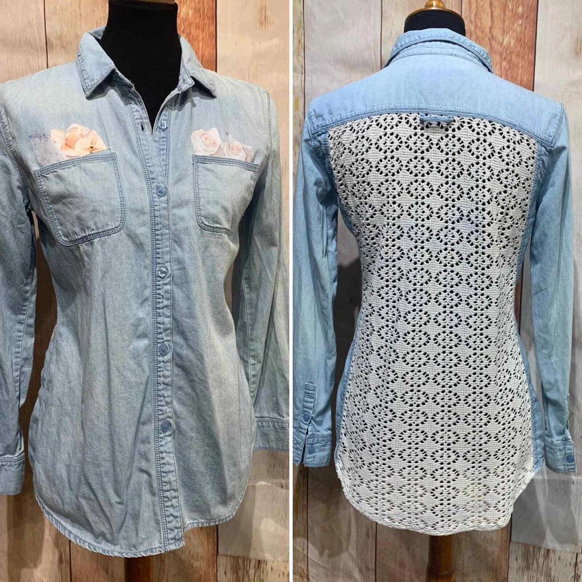 Hand Printed Upcycled Small Rose Flower Lacy Long Sleeve Denim Button Down Shirt