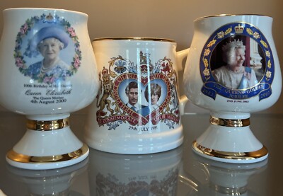 1981 Arthur Wood Prince Charles & Lady Diana , Queen Elizabeth Goblets 2000/02