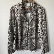 Chico's Sz 2 US 12 Athletic Brown Animal Leopard Print Off Center Zip Jacket L