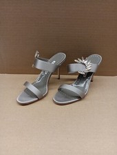 Manolo Blahnik Chivela 090 Open-Toe Satin Women's Mules- Grey/Yoth- Size 38