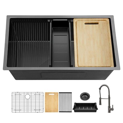 32'' Black Stainless Steel Undermount Workstation Kitchen Sink with Faucet-1 Bowl