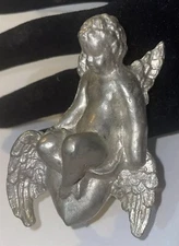 Vintage Angel Cherub Brooch Pin 3”x2” Silver Metal Hand-Crafted Costume Jewelry