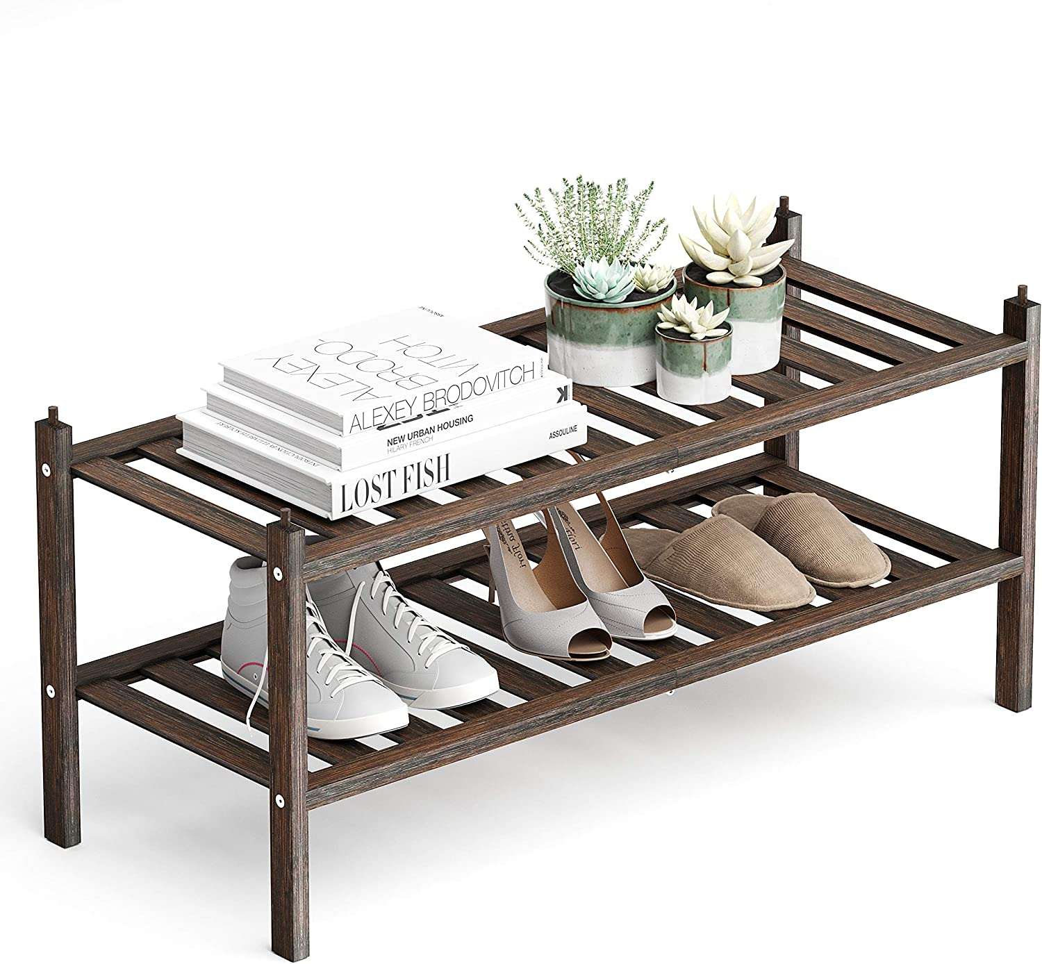 2-Tier Bamboo Shoe Rack Stackable Storage Organizer for Entryway Hallway Closet-image