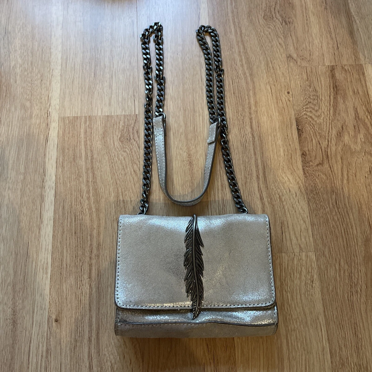 zara woman s Metallic Leather feather crossbody purse EUC