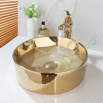Bathroom Gold Mixer Faucet+Round Gold Ceramic Basin Sink Bowl+ Pop Drain Set