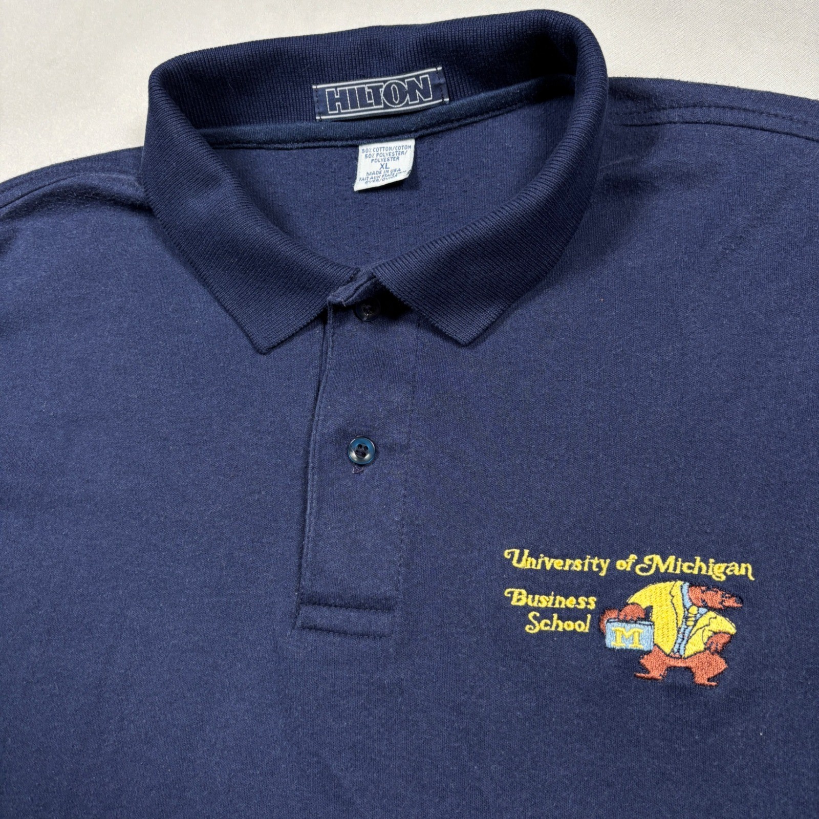 Hilton Polo Shirt Men XL Navy Blue University of Michigan Business School VTG