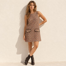Zara Tweed Shift Dress Metallic Thread Medium Preppy Short Stretch Plaid Check