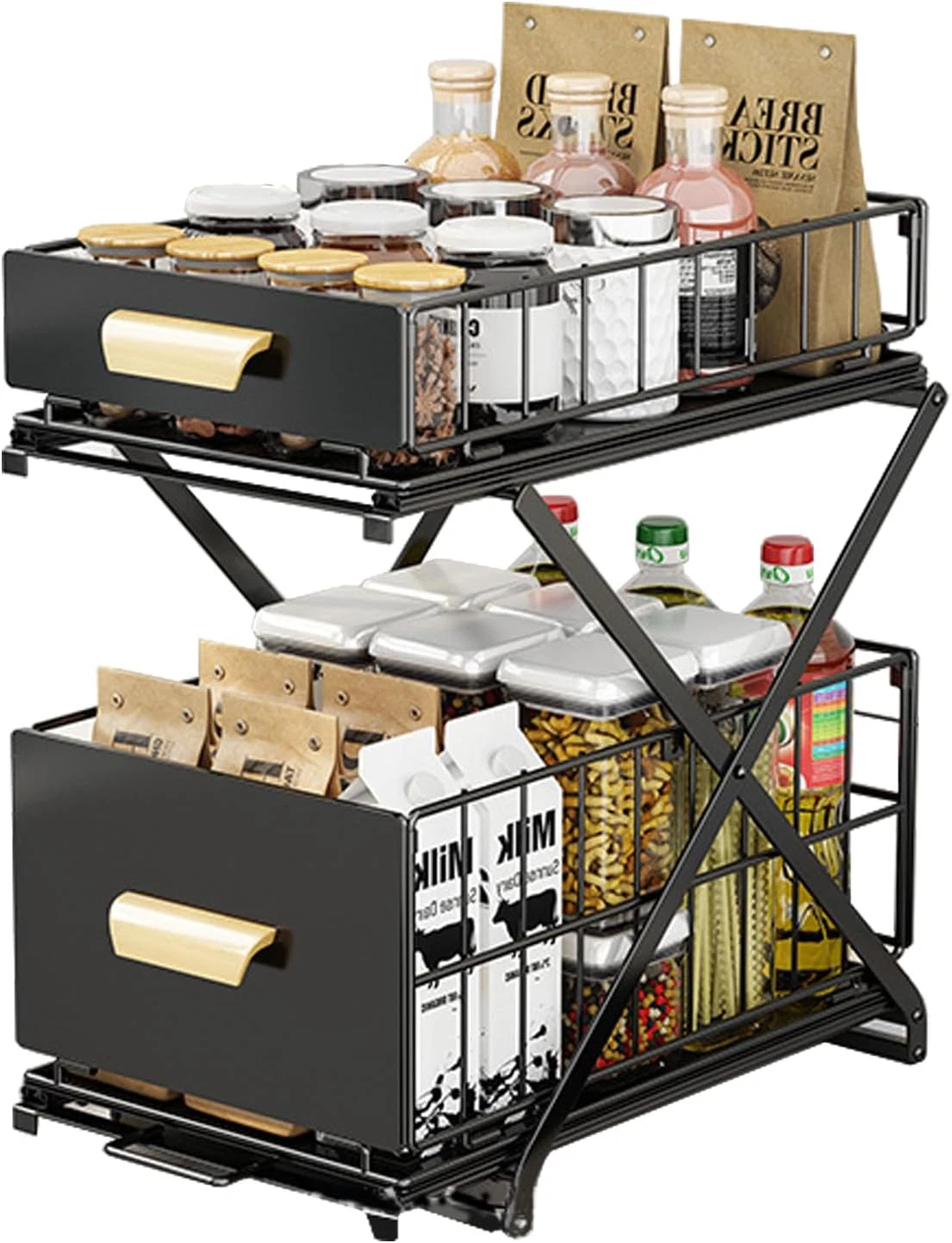 2-Tier Adjustable Pull-Out Cabinet Organizer for Kitchen Storage - Black