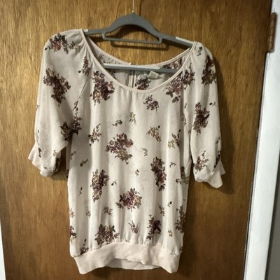 Eyelash Couture Beige Floral Chiffon Zip Accent Scoop Neck 3/4 Blouse M