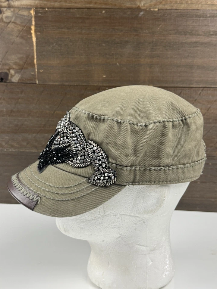 Olive & Pique Bling Beaded Leather Tip Women’s Olive/Khaki Adjustable Hat - Image 3 of 4