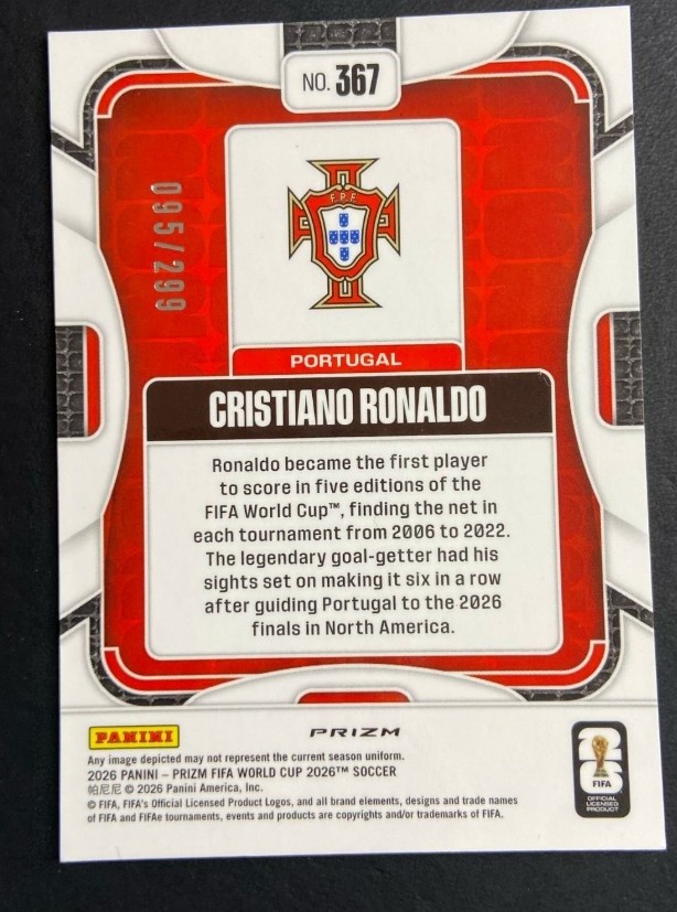 Cristiano Ronaldo 2026 Panini Prizm FIFA World Cup Purple Hyper Base /299 #367 view 2