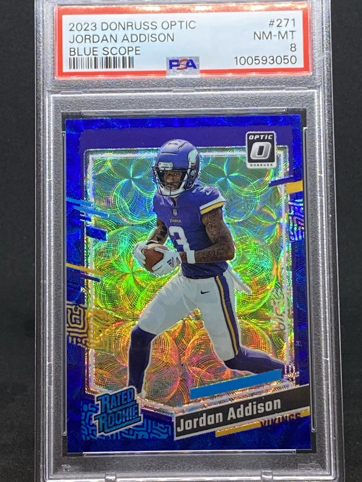 2023 Donruss Optic Jordan Addison Blue Scope Prizm Rookie RC #271 PSA 8 Vikings