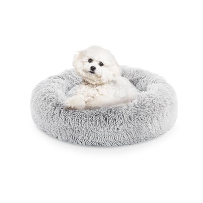 24 Inch Donut Dog Bed, Calming Plush Fur Cuddle Bed for Dogs and Cats, Grey W...