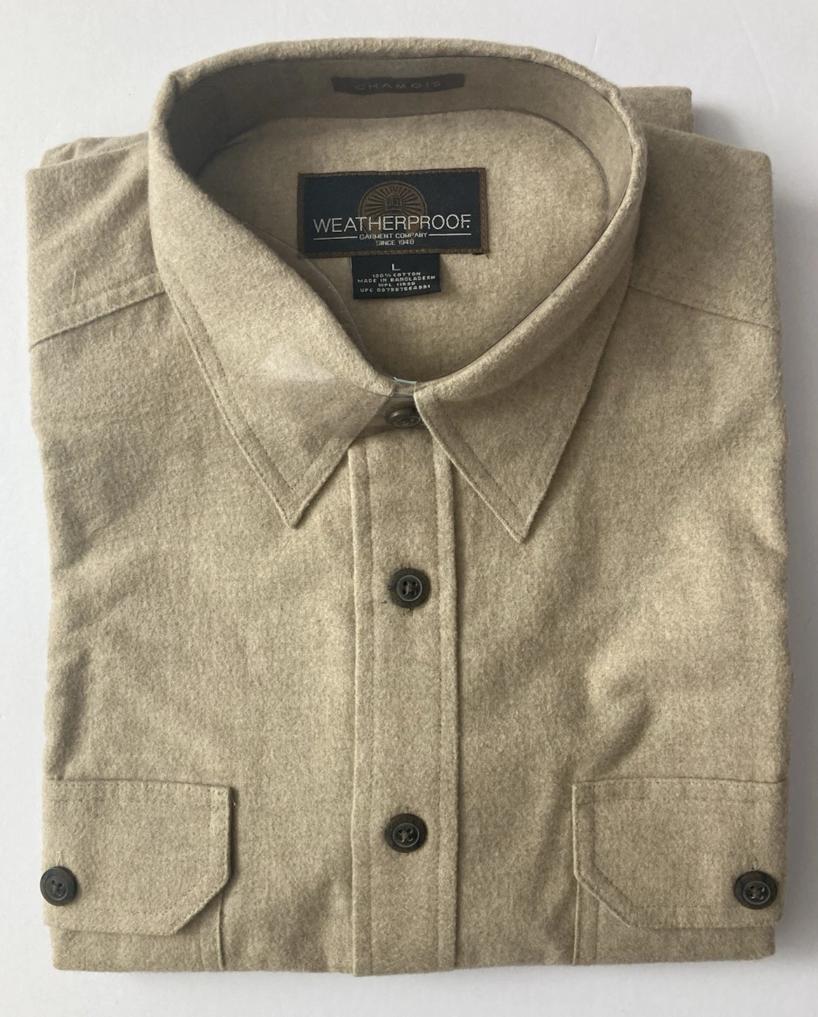 Weatherproof Garment Co Chamois Button Up Shirt L Tan L/S Pockets Cotton Flannel